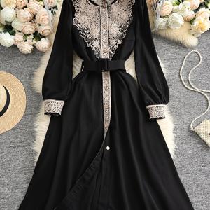 TEMU 여성용 프렌치 스타일 빈티지 우아한 A라인 맥시 드레스 - 긴 소매 칼라 & 자수 레이스 트림 허리, 루즈핏 - 웨딩 게스트, 파티, 특별한 날을 위한 드레스