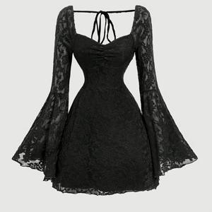 TEMU 감사절, 크리스마스, 새해 착용용 레터스 고딕 스타일 플레어 소매 숏 드레스 NS702