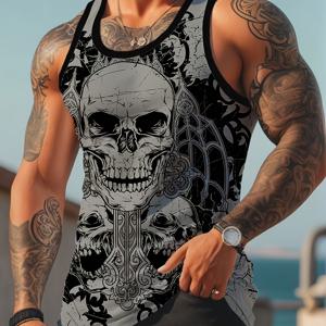 TEMU 남성용 해골 프린트 탱크탑 - 생동감 넘치는 틸 & 블랙 그래픽, 꽃무늬 디자인의 민소매 캐주얼 여름 조끼, 성인 및 청소년을 위한 레귤러 핏, 사계절 편안함, 해골 탱크탑