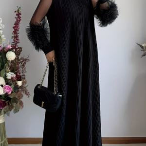 TEMU 여성 스탠드업 칼라 랜턴 긴팔 텍스처 원단 드레스 | 메쉬, 손으로 돌리는 입체 자수, 루즈핏 편안하고 우아한 봄/여름용 시니어 롱 드레스