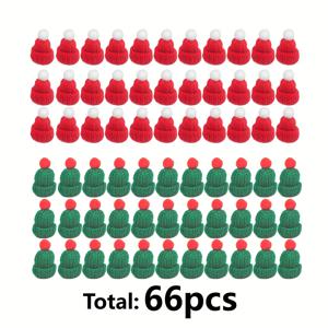TEMU 66개 미니 니트 크리스마스 모자 세트 - 빨강, 초록, 흰색 작은 겨울 비니와 흰색 폼폼, 크리스마스 트리, 선물 포장, 테이블 세팅용 대량 파티 장식 - 내구성 있는 미니어처 모자, 휴일 공예 및 장식용