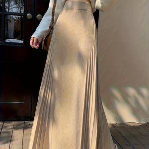 TEMU 여성용 두꺼운 플리츠 스커트, 가을/겨울, 하이웨이스트, 플레어 디자인 A라인 롱 스커트