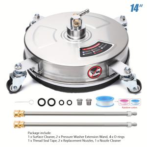 TEMU 14인치 압력 세척기 표면 청소기, 4개의 바퀴와 2개의 연장 막대, 2개의 교체 노즐 - 콘크리트, 파티오, 보도, 데크 및 차도용 스테인리스 스틸 표면 청소기 부착물, 4000 PSI