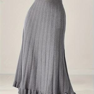 TEMU 여성용 우아한 케이블 니트 스커트, 비스코스, 단색, 가을/겨울 패션, 니트 (리브) 원단, 래플 밑단이 있는 미디 길이