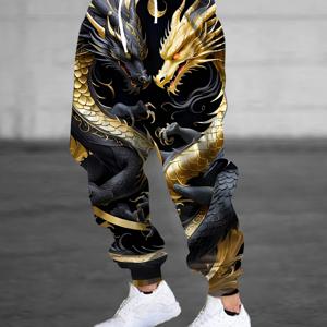 TEMU 남성용 3D 드래곤 프린트 조거 팬츠, 끈 & 포켓 포함 - 캐주얼, 신축성 있는 폴리에스테르 스웨트팬츠, 중국 드래곤 프린트, 패션 디자인