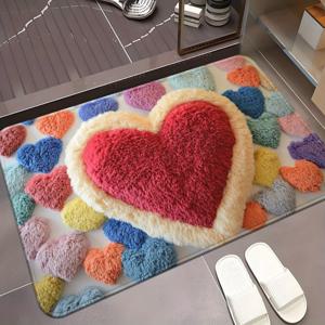 TEMU 1pc 프린트 하트 모양 도어 매트 - 미끄럼 방지, 흡수성 파이버 폴리에스터 러그, 욕실, 침실, 거실 입구, 욕실 바닥 매트 | 생동감 있는 하트 디자인 | 부드러운 질감