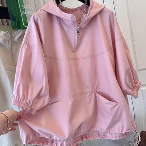 TEMU 한국 동대문에서 아름다운 하프 지퍼 후드 셔츠, 루즈핏 탑, 작은 키에 이상적, 여름 스타일.