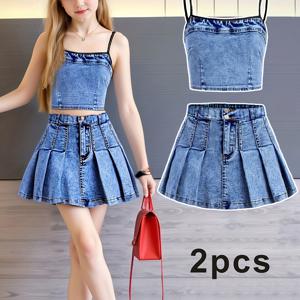 TEMU 2개 프린트 레깅스 - 인조 데님 원단 아님, 캐주얼하고 편안함, 크루넥, 약간의 스트레치 원단, 세탁기 사용 가능, 여름 여아용 컬렉션, 야외용