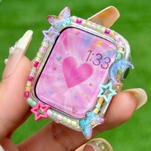 TEMU Y2K 카와이 글리터 나비 별 & 달 케이스 - 파스텔 그라데이션 & 하트 컷아웃, 애플 워치 울트라 10/9/8/7/6/SE용 하드 쉘 보호 커버 (41mm/46mm/49mm/45/40/44) - 귀여운 여성 휴일 선물