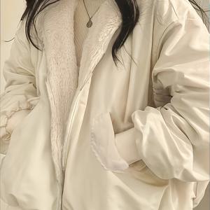 TEMU 양면 착용 가능한 두꺼운 플란넬 후드 자켓, 루즈핏 겨울용 보온 자켓