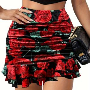 TEMU 여성용 힙 허깅 미디 스커트 - 레드 로즈 패턴, 플리츠 디테일 디자인, 섹시하고 우아한 스타일, 출근, 데이트, 크리스마스 아웃핏에 적합