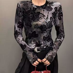 TEMU 여성용 블랙 벨벳 메시 우아한 플로럴 패턴 라운드넥 긴팔 탑