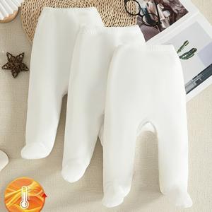 TEMU 3개입 남녀공용 아기 남아 여아 기모 안감 겨울 타이츠 | 따뜻한 유아용 발목 바지, 신축성 있는 개방형, 부드러운 기모 레깅스, 단색 (화이트), 추운 날씨용, 포근하고 부드러운 캐주얼 웨어, 긴 기장 레귤러 핏, 야외용