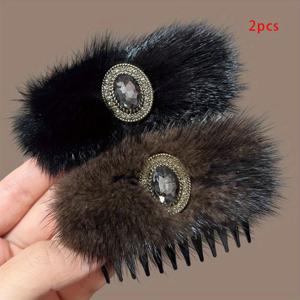 TEMU 2개입 우아한 라인스톤 플러시 옆머리 클립 빗 | 발렌타인데이 및 기타 축제를 위한 다용도 헤어 액세서리