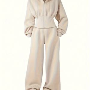 TEMU 여성 가을/겨울 후드 반팔 지퍼업 재킷 & 긴 바지 세트, 솔리드 컬러의 플리스 스웨트셔츠 & 조거 팬츠로 캐주얼한 투피스 세트 연출, 레그 트라우저 포함|냉장고바지|바지