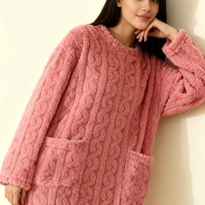 TEMU 포근한 플란넬 롱 튜닉 로브 | 캐주얼 스타일, 크루넥, 단색, 성인용으로 완벽, 가을/겨울 내내 편안하게 입기 좋음