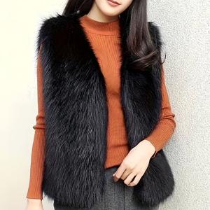 TEMU 여성용 우아한 인조 모피 조끼 | 가을/겨울 단색, 민소매, 대비되는 인조 모피 디테일|민소매