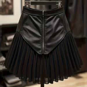 TEMU 스커트, 하이웨이스트 블랙 메쉬 스플라이스 플리츠 A라인 미니 스커트, 앞면 지퍼 디테일, 섹시하고 우아한 디자인, 여름 의상에 완벽, 단독 또는 레이어드 착용 가능, 하이웨이스트 드레스, 스타일리시룩, 트렌디한 컷