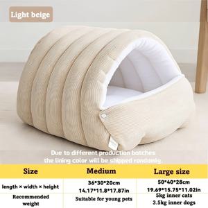 TEMU 가을 겨울 따뜻한 반개방형 고양이 침대 | 탈착식 및 세탁 가능한 쿠션, 미끄럼 방지 받침대, 실내 고양이 및 소형견에게 적합, 내구성이 뛰어난 폴리에스터 원단으로 제작, 녹색, 베이지색 및 보라색으로 제공|이불