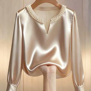 TEMU 여성용 우아한 라운드넥 V넥 진주 장식 롱슬리브 셔츠, 새틴 소재, 출퇴근 및 일상 우아한 착용에 적합