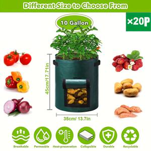 TEMU 20 팩의 3갤런, 7갤런, 10갤런 정원 감자 심기 가방(패널 및 핸들 포함) 무거운 과일 심기 가방을 위한 통기성 직물 포트. 토마토와 과일을 심기 위한 가방입니다.