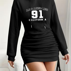 TEMU 여성용 블랙 후드 바디콘 드레스 - 로스 앤젤레스 91 캘리포니아 프린트, 가을용 긴 소매 미니 드레스, 캐주얼 웨어 드레스 | 알파벳 패턴 드레스 | 폴리에스터 소재
