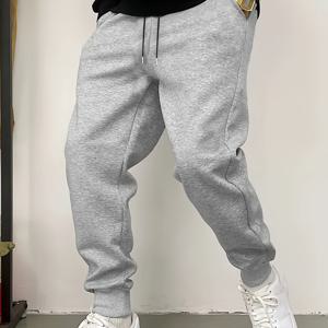 TEMU 남성용 캐주얼 스포츠 조거 팬츠, 솔리드 그레이 색상, 포켓 및 드로스트링 커프스 특징.