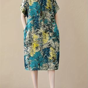 TEMU 포켓이 달린 플러스 사이즈 여성용 캐주얼 꽃무늬 라운드넥 드레스 - 기계 세탁 가능 루즈핏 미디 슬리브 원피스, 내구성 있는 캐주얼 의류