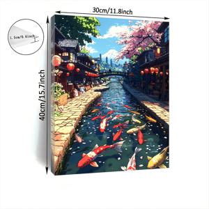 TEMU 방 장식 1pc 일본 코이 물고기 캔버스 벽화, 짠 나무 프레임 프린트, 전통 체리 꽃과 물 코이 장면, 11.8