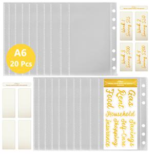 TEMU A6/A7 투명 PP 파우치 10/20개입 6링 리필 가능 A6/A7 바인더용 예산 주제 스티커 및 저축 스티커 포함, 현금 지폐, 영수증 보관 가능, 예산 관리용