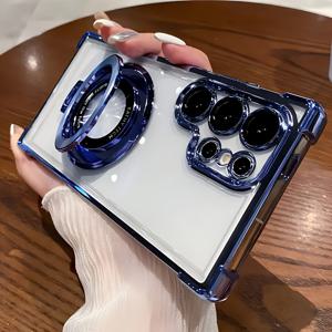 TEMU 갤럭시 S24 S23 S22 S21 울트라 FE용 투명 전기도금 보호 케이스, 자석 브래킷 폰 케이스