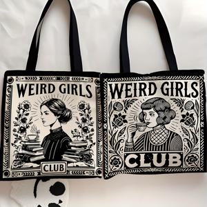 TEMU 1개/2개 Weird Girls Club 토트백 - 빈티지 1950년대 레트로 여성 클럽 디자인, 플로럴 & 기하학적 패턴, 튼튼한 폴리에스터 슈퍼마켓 쇼핑백 (최고, 선물, 캐주얼 외출, 선물 가방용), 재미있는 디자인, 튼튼한 손잡이