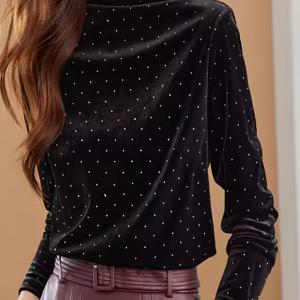 TEMU 핫픽스 라인스톤 여성용 벨벳 하이넥 긴팔 티셔츠