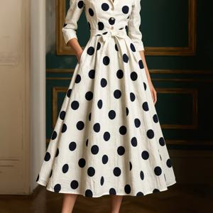 TEMU 2025년 신상 유럽/미국 여성 드레스, 패셔너블한 긴팔 화이트 물방울 무늬 드레스, 루즈핏과 넓은 밑단으로 캐주얼 출퇴근에 완벽.