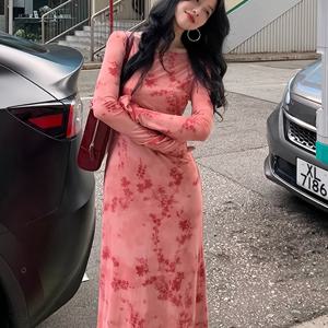 TEMU 2025 가을 겨울 홍콩 스타일 다용도 패션 레트로 메쉬 프린트 드레스 + 슬링 스커트 투피스 세트