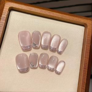 TEMU 10개 세트 크리스마스 스타일 핑크 캣아이 숏 스퀘어 프레스온 인조네일 - 실버 프렌치 팁 & 반짝이 스톤 장식|네일팁