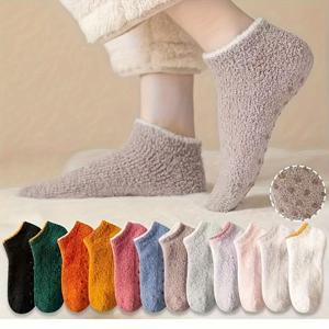 TEMU 여성용 두꺼운 산호 양털 양말 5켤레 - 미끄럼 방지 아치 & 쿠션 편안함, 부드러운 파스텔 색상 (핑크, 그린, 옐로우, 그레이, 튼튼한 구조, 스타일리시한 신발, 포근한 홈웨어, 손세탁만 가능, ) - 실내용 하우스 슬리퍼 C|슬리퍼|실내화