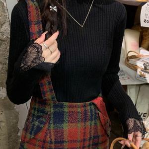 TEMU 레이스 트림 여성용 하프 하이 넥 언더셔츠, 레이스 디테일 롱슬리브 스웨터, 고급 봄 신상 스타일, 빈티지 슬림핏 하프 하이 넥 탑, 롱슬리브 언더셔츠, 여성용 레이스 롱슬리브 티셔츠, 여성용 탑