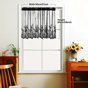 TEMU 1개 레이스 실 작은 꽃 클래식 블랙 커피 커튼, 간단하고 달콤한 스타일의 로드 포켓이 있는 레이스 실 커튼, 주방 식당용 화이트 창문 밸런스, 창문 문 장식, 캐비닛 커버