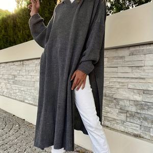 TEMU 여성용 2024 가을 겨울 후드 슬릿 롱 스웨터 드레스 - 중동 스타일 단색, 미디엄 스트레치, 손세탁/드라이클리닝 가능, 캐주얼부터 포멀웨어까지, 세련된 디자인, 고품질 제작