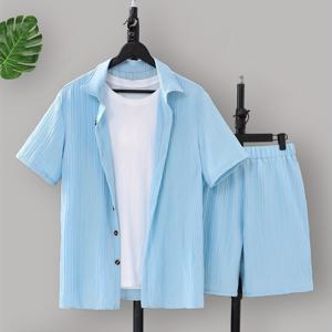 TEMU 새로운 남성용 연한 블루 휴가 캐주얼 상쾌한 반팔 티셔츠 세트