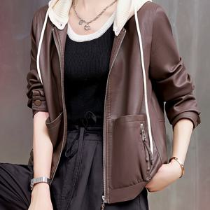 TEMU 봄가을 여성용 멀티핏 후드 PU 가죽 자켓, 심플 루즈핏 지퍼 커뮤터 캐주얼 PU 가죽 자켓