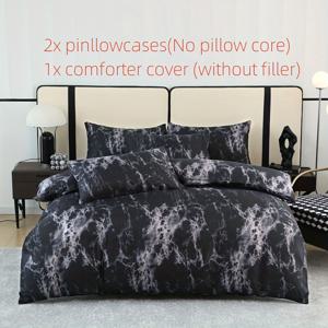 TEMU 3피스 브러시드 마블 패턴 이불커버 세트, 이불커버 1개 + 베개커버 2개, 블랙 마블, 부드러운 침구, 충전재 없음