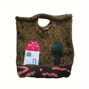 TEMU 1개 미니 버섯 집 패턴 니트 사첼 백, 가벼운 다용도 크로셰 쇼핑 핸드백|미니크로스백