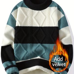 TEMU 센메이의 컬러 블록 따뜻한 라운드넥 스웨터 (10대), 남성용 두꺼운 트렌디 니트, 가을/겨울에 완벽.