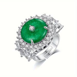 TEMU 1개 여성용 중국풍 실버 페이브 세팅 합성 큐빅 지르코니아 웨딩 조절 가능 빈티지 그린 핑거링