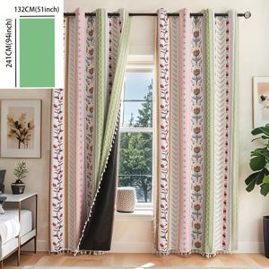 TEMU 플로럴 프린트 & 태슬이 있는 커튼 1개 - 100% 폴리에스터, 그롬멧 탑, 침실 및 거실용 빛 차단, 사계절 사용 가능, 로맨틱 홈 데코, 장식 아이렛 포함 | 고정밀 폴리에스터, 거실용 커튼