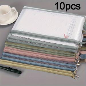 TEMU 손잡이가 있는 컬러풀한 PVC 메쉬 지퍼 파우치 10개 세트, 교육용 책 및 빌딩 블록을 위한 투명 A4 보관 가방, 사무실 및 학교 용품 정리함, 내구성 있는 휴대용 필통, 학교용 북백|파우치|필통