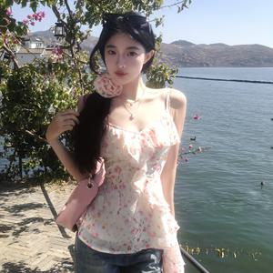 TEMU 여성용 세련된 어깨 드러난 꽃무늬 캐미 탑 - 아сим메트리컬한 밑단이 있는 섹시한 여름 슬리브리스 블라우스, 가벼운 폴리에스터, 캐주얼한 외출에 완벽