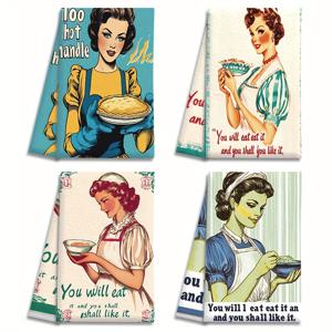 TEMU 여성을 위한 4pcs 빈티지 스타일 식기용품, 18x26 인치, 마이크로파이버 흡수력 좋은 주방용 수건, 레트로 식품 테마 디자인, 요리, 베이킹, 욕실 청소, 야외 활동, 파티, 차 시간 장식, 가정용으로 완벽한 주방 수건